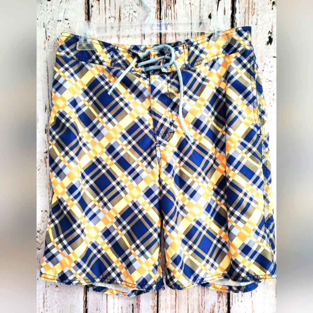 Bonobos Men's Size 29 Orange Blue Plaid‎ Board Shorts Swimsuit Swim Trunks EUC